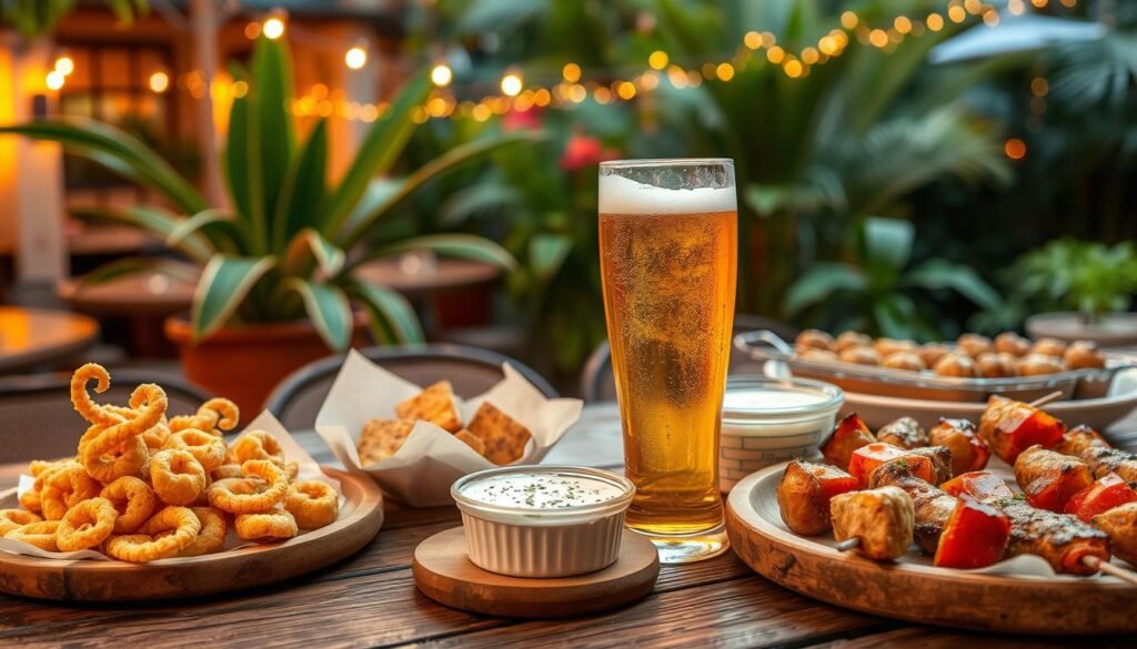 chope gelado e petiscos